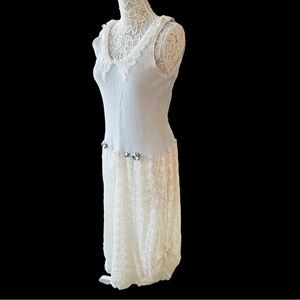 DESIGNER Tea length Long lace and blue waffle fabric dress